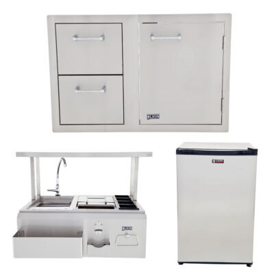 Lion BBQ Bar Center with Top Shelf and Door and Drawer Combination and Refrigerator